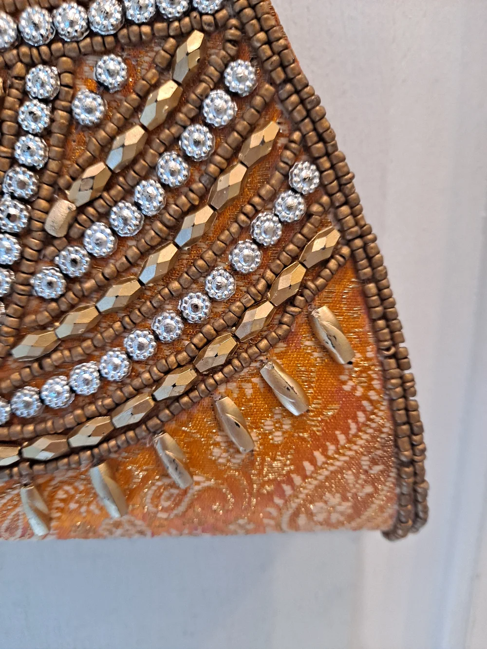 Vintage Beaded Silk Like Orange Evening Clutch Art Deco Wooden Handle Boho Bag